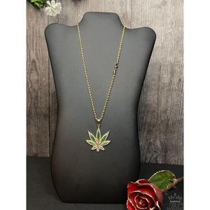 Gold Finish Green Leaf Pendant Necklace